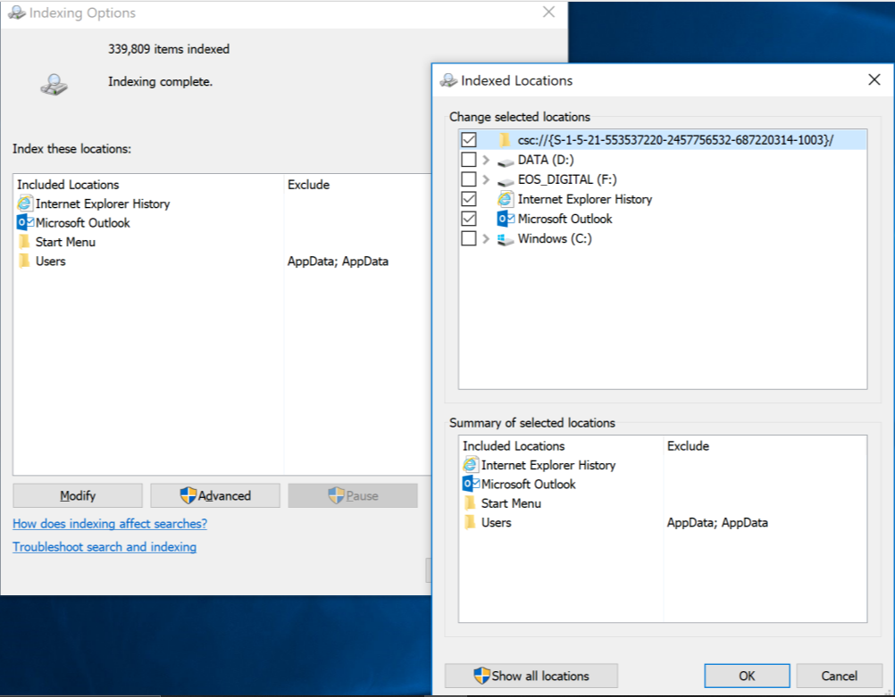 Windows Indexing Options dialog